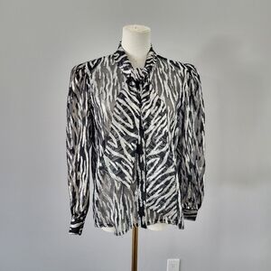Vintage 80s Zebra Print Sheer Metallic Blouse Black Silver S